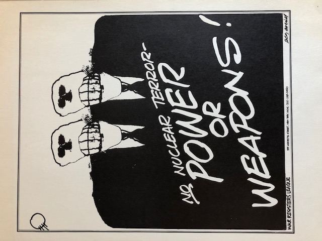 A drawing of two skeletons, both wearing suits and ties. Across their bodies are the words “No Nuclear Terror - Power or Weapons!” 