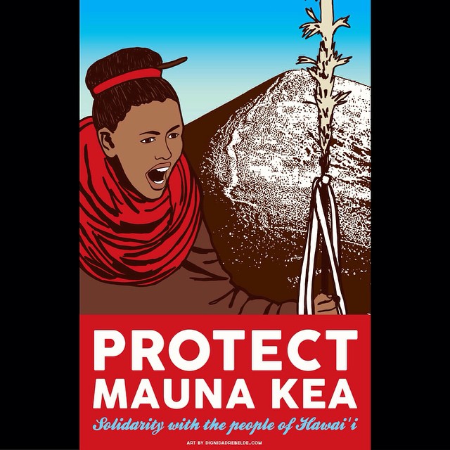 A drawing depicts a person wearing a red scarf. Their mouth is open, as if yelling.They stand in front of a mountain. At the bottom of the graphic are the words “PROTECT MAUNA KEA. Solidarity with the people of Hawai’i” 