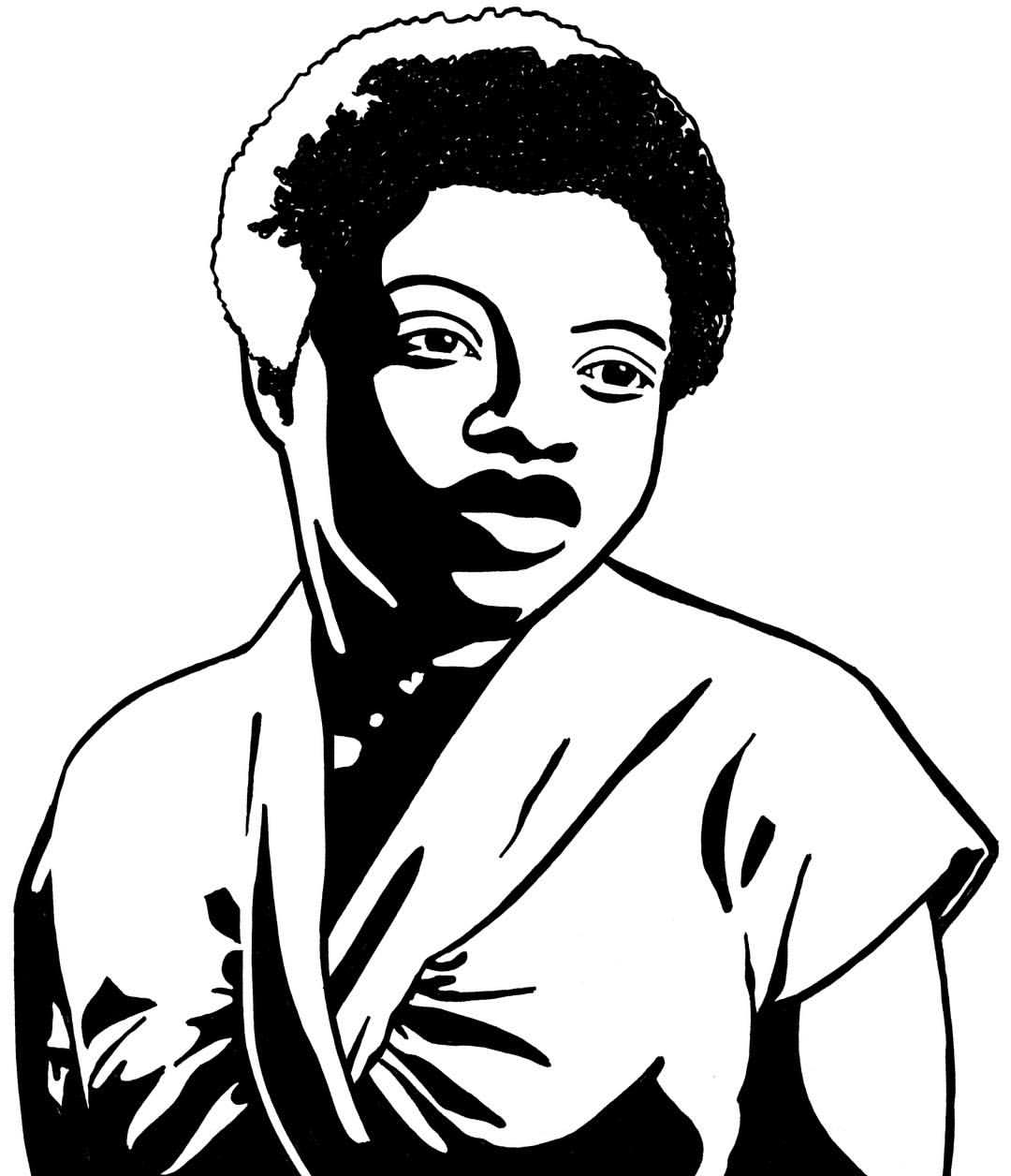 Black and white drawing of Joan Little.