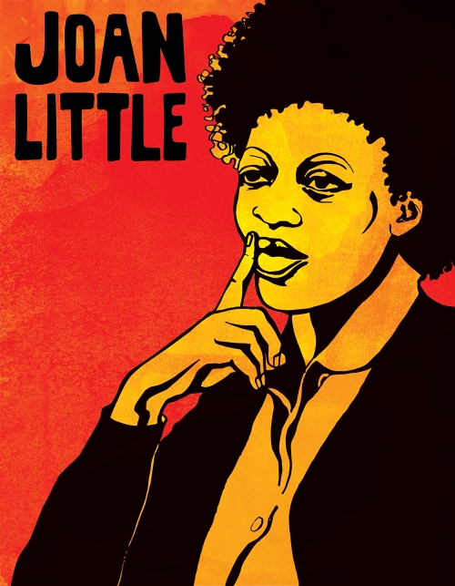 An ink drawing illustrates a Black woman with an Afro. Her index finger is perched thoughtfully on her lips. She wears a blazer and collared shirt. Her name, “Joan Little,” is written in the top left corner. This portrait was created for Project NIA’s exhibition, “No Selves To Defend — 10 Women Criminalized For Defending Themselves.” Image via Micah Bizant.