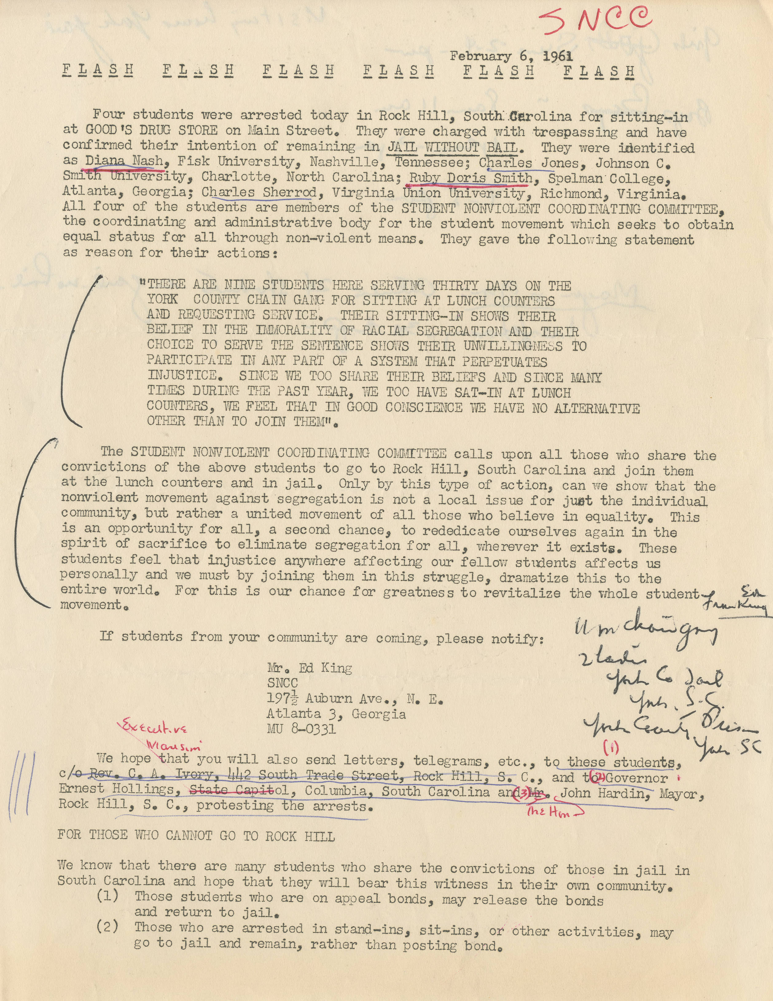 The headline for a typewritten SNCC press release from February 6, 1961 reads: “FLASH FLASH FLASH FLASH.”