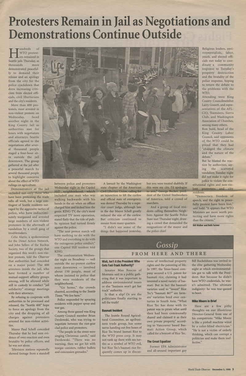 A 1999 newspaper article with the headline: “Protesters Remain in Jail as Negotiations and Demonstrations Continue Outside.”