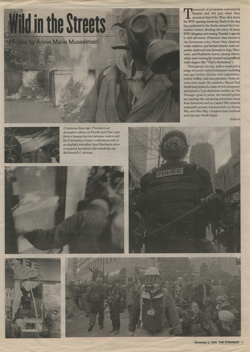 A news publication with six different photos depicting people in hazmat masks protesting in the streets, and police officers in riot gear. The title of the page is “Wild in the Streets”