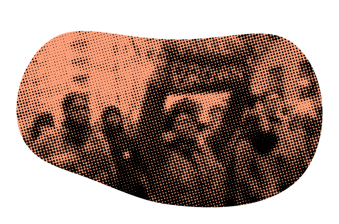 A halftone, blob-shaped image in black and peach shows a pixelated photograph of a protest. One person holds a sign.