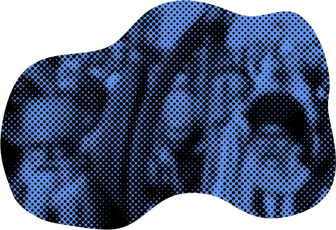 A halftone, blob-shaped image in black and peach shows a pixelated photograph of a protest. One person holds a sign.